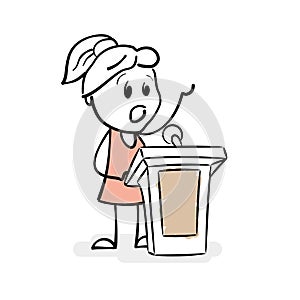 Doodle stick figure of young girl speaker on podium. Cartoon stick figure woman stands behind stage with a raised hand. Orator