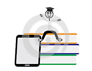 Doodle stickfigure with black graduate cap sitting on books near tablet