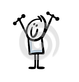 Doodle stickman character does morning exercises with dumbbells and smiles.