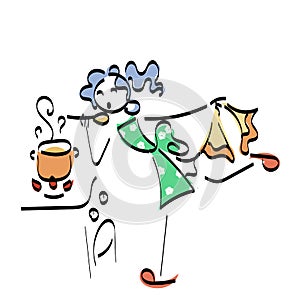 Doodle stickman illustration concept. Cooking woman with tasty food