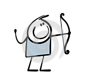 Doodle stickman sportsman holds a sports tool and shoots an arrow. Vector illustration of cartoon archer, bow and