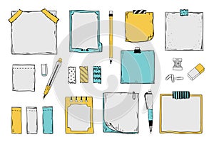 Doodle sticky notes. Notepad paper sheets and stickers with pen pencils and pins, colored graphic set. Vector hand draw