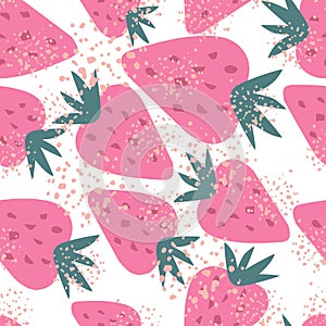 Doodle strawberry seamless pattern. Sweet berries backdrop. Pink ripe strawberries wallpaper