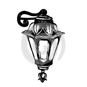 Doodle street lamp with forging. Vintage lantern. Sketching