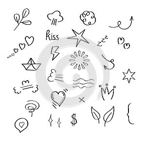 Doodle style collection vector for social net. Sketch underlines, icons, emphasis, speech bubbles. Line elements of