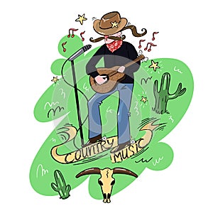 Doodle style country singer with microphone and guitar