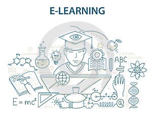 Doodle style design concept of e-learning and online education.