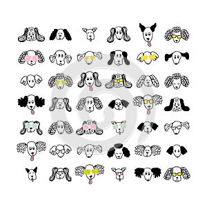 Doodle style dogs in sunglasses collection. Animalistic characters set for tee, stickers, print, poster. Hand drawn isolated