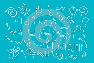 Doodle style hand drawing. Arrows of different shapes, pointers. Isolated vector illustration.