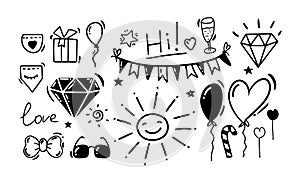 Doodle style hand drawing. Black and white drawings of the holiday, birthday. Isolated vector illustration.