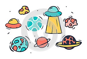 Doodle style hand drawing. Colored planets. Isolated vector illustration.