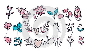 Doodle style hand drawing. Colored plants, flowers. Isolated vector illustration.