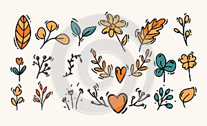 Doodle style hand drawing. Colored plants, flowers. Isolated vector illustration.