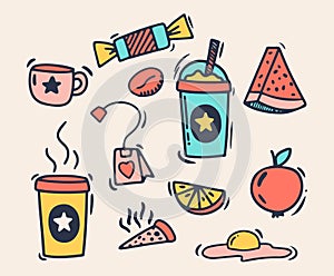 Doodle style hand drawing. Food and drink. Isolated vector illustration.