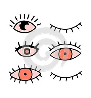 Doodle style hand drawing. set of eyes. Isolated vector illustration.