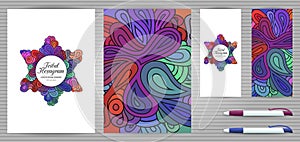 Doodle style hexagram corporate identity templates set . Colorful zentangle jewish design. Ethnic tribal flyer and photo