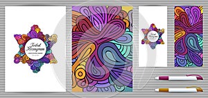 Doodle style hexagram corporate identity templates set . Colorful zentangle jewish design. Ethnic tribal flyer and document photo