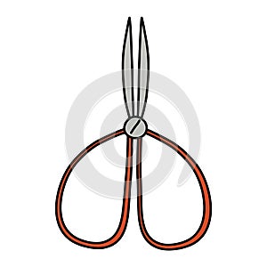 Doodle style metal scissors with red handles, for gardening, hobby or crafting, vector