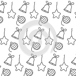 A doodle style pattern of Christmas elements. Hand drawing doodle pattern with Christmas tree toys and a bell