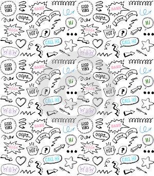Doodle style seamless pattern with speech bubbles and comic style elements, hand drawn illustration