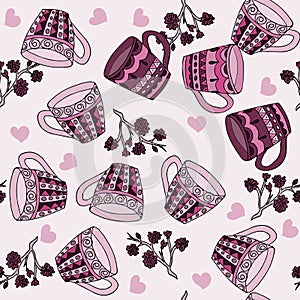 Doodle style seamless pattern with tea cups