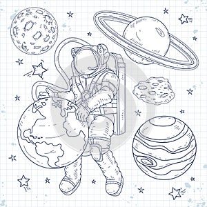 Doodle style set cosmos, astronaut hugging planet earth, star system with planets, asteroids and stars