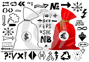 Doodle style sketch of a bag full of money finance and business. Vector illustration. Handwritten arrows, lines and signs isolated