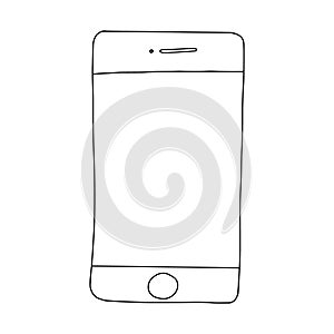 A Doodle-style smartphone.Black and white image.Outline drawing.Mobile devices and gadgets.Vector image