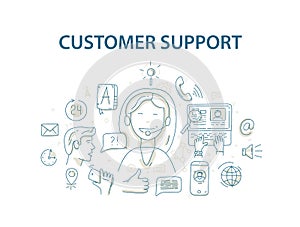 Doodle style vector illustration concept for customer support service