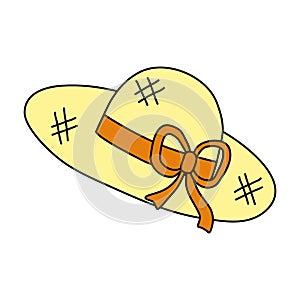 Doodle style yellow straw hat with ribbon and bow, gardening or spring time design element, vector