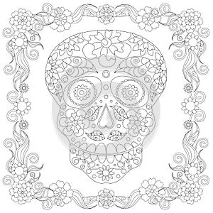 Doodle stylized black and white sugar skull in floral frame hand drawn, monochrome