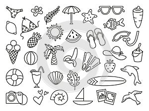 Doodle summer icons. Linear hand drawn summertime season elements. Vacation on beach or travel, palm, cocktail, fruits