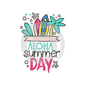 Doodle with surfing boards and palm tree. Aloha, summer day. Logo in outline style. Hand drawn vector design. Element