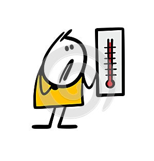 Doodle surprised stickman looks at the mercury thermometer and measures the temperature. Vector illustration of a