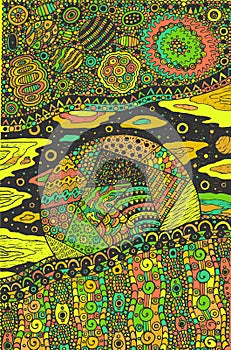 Doodle surreal fantastic art with planet and cosmic landscape. Ornamental psychedelic colorful artwork. Vector illustration photo