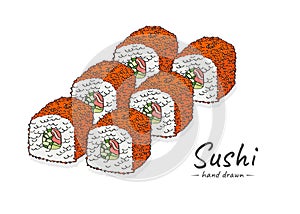 Doodle sushi set california roll set in caviar with salmon, fresh cucumber and avocado