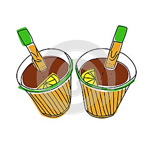 Doodle tea in paper cup. Teabags and peace of lemon. Hot drinks to go. Take away couple of tea cup. Outline simple hand drawn icon
