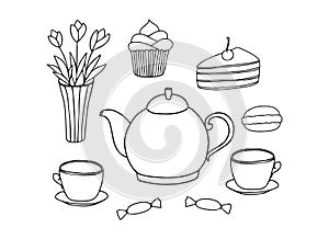 Doodle tea time collection. Teapot, cups, cakes, sweets, vase with flowers. Hand drawn set. Vector illustration. Black