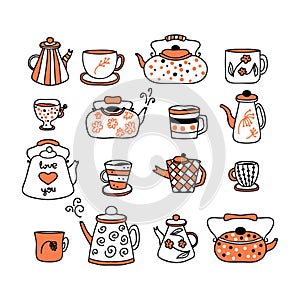 Doodle teapot, cups and mugs autumn collection. Perfect for tea towel, dishcloth, stationery, poster and print. Hand drawn vector