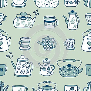 Doodle teapot, cups and mugs autumn seamless pattern. Perfect print for tea towel, dishcloth, stationery, textile and fabric. Hand