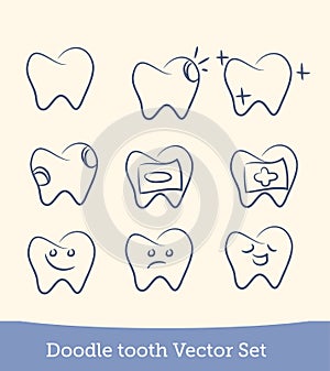 Doodle teeth set isolated on white background. Vector