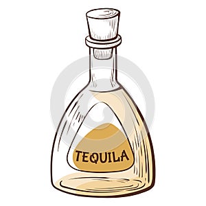 Doodle tequila bottle with cap full of alcohol beverage vector illustration vintage glass vessel