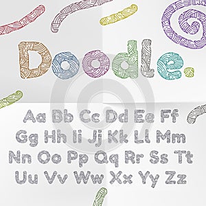 Doodle text font alphabet with wool knitted texture. Vector cartoon hand drawn letters of woven textile lines or color chalk doodl photo