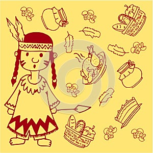 Doodle of Thanksgiving indian people