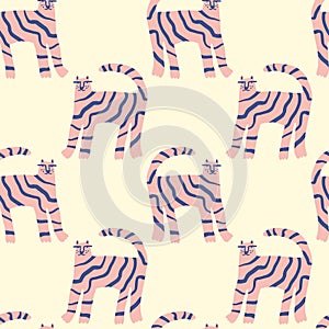 Doodle tigers childish cartoon groovy boho illustration naive funky handdrawn style art seamless pattern vector