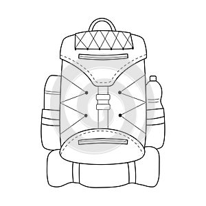 Doodle Tourist backpack with thermos, bottle and travel mat. Equipment for fishing, tourism, travel, camping, hiking. Outline