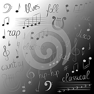 Doodle Treble Clef, Bass Clef, Notes and Lyre. Lettering of Blues, Electronic, Jazz, Rap, Disco, Folk, Country, Rock, Classical.