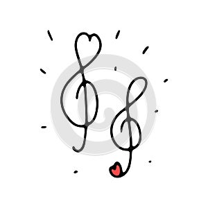 Doodle treble clef in the shape of a heart