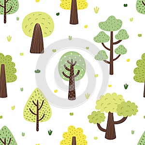 Doodle trees seamless pattern. Cute forest background in cartoon style for kids
