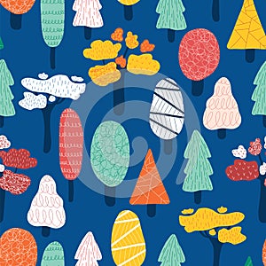 Doodle trees seamless vector kids pattern. Repeating abstract nature background various forest trees pink orange red